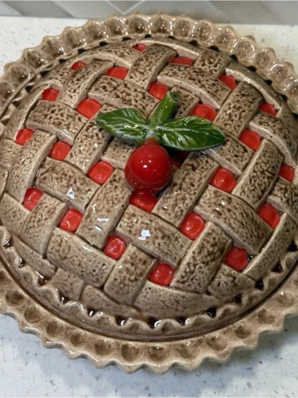 Vintage Ceramic Pie Keeper Dish with Lid Beautiful with cherry on top MCM EUC